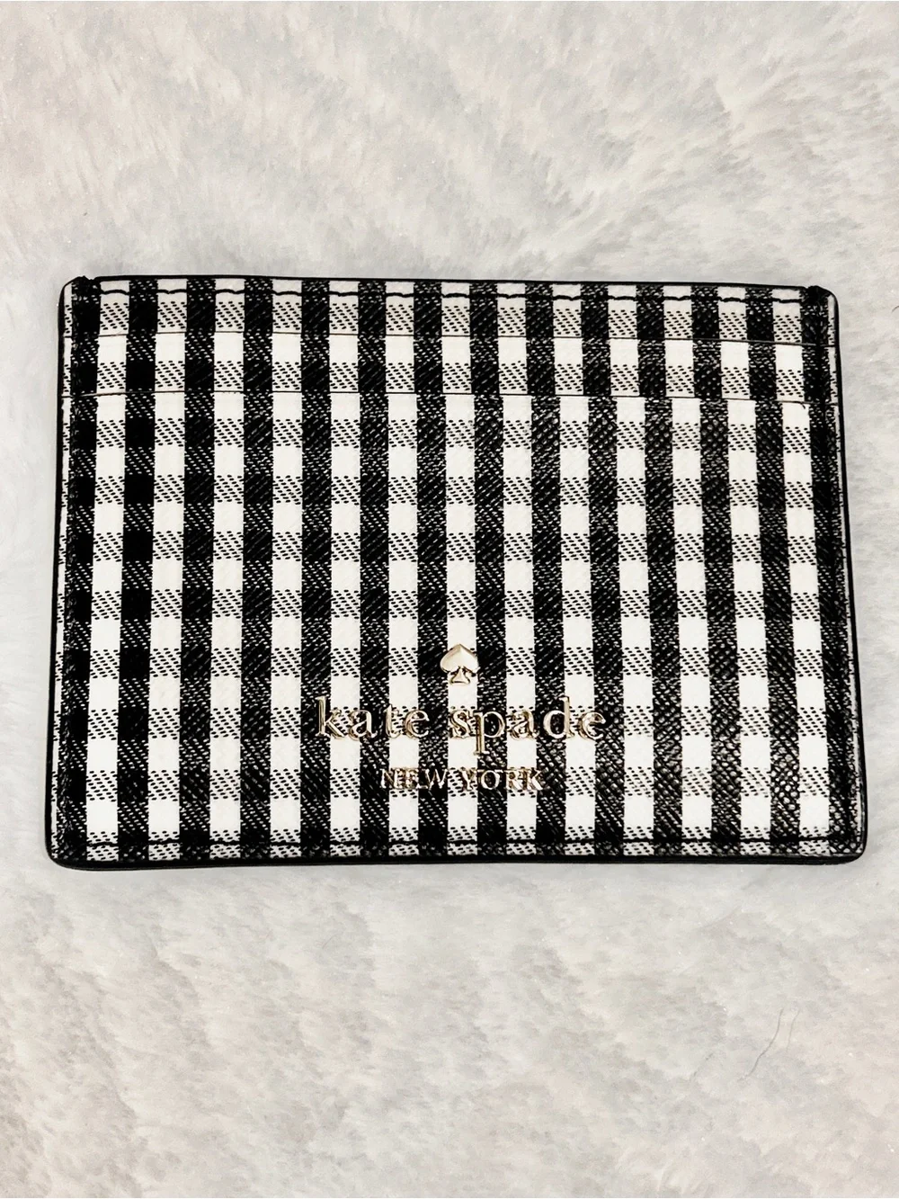 Kate Spade Black and White Gingham Card Case Holder with Silver Logo
